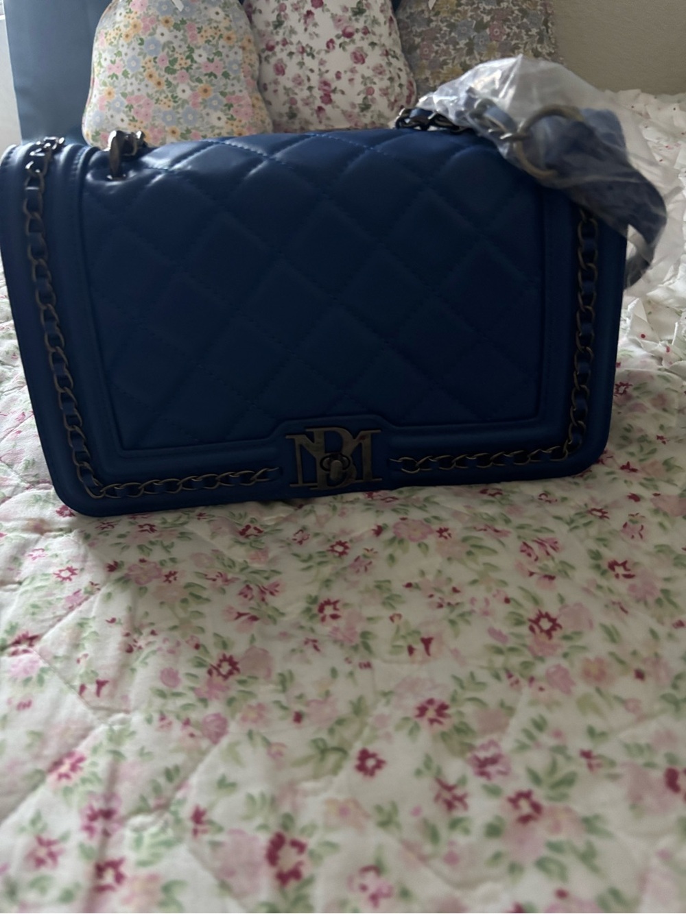 Badgley Mischka Quilted Royal Blue Chain-Trim Crossbody